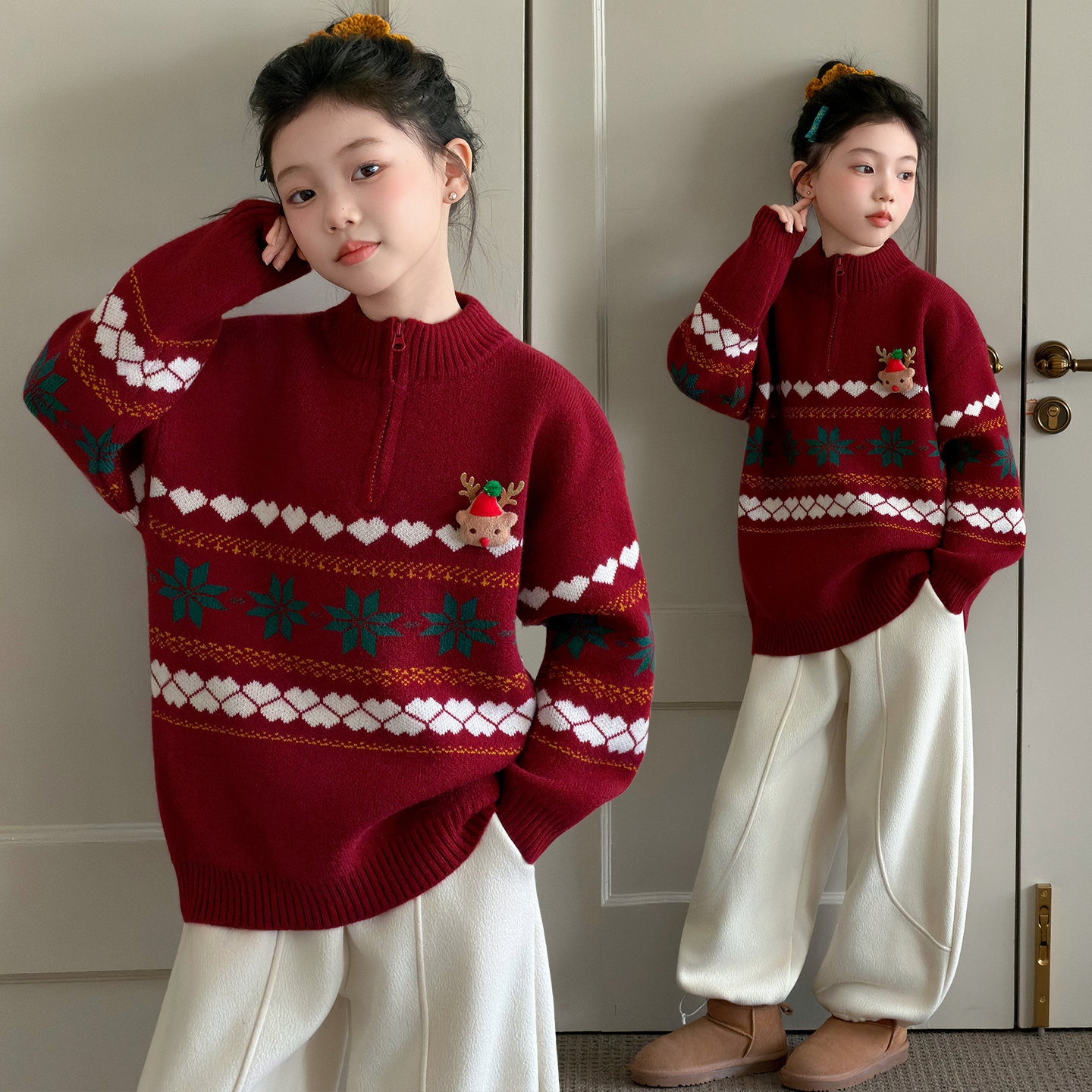 女童圣诞毛衣2026新年中大童套头毛衫小女孩保暖红色针织衫拜年服