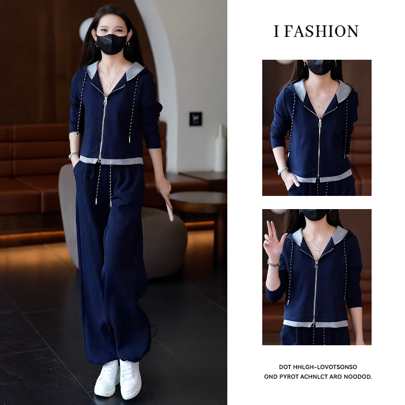 高含棉小个子套装女2025年春秋新款洋气减龄连帽外套阔腿裤两件套