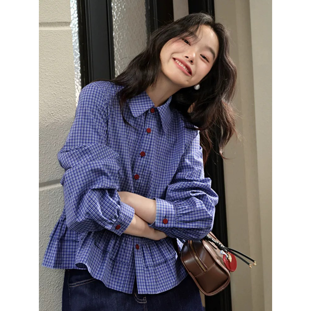 阔色miu系蓝色格子衬衫女2025春季新款荷叶边长袖衬衣上衣短款秋