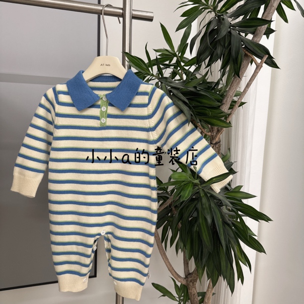 韩版婴儿春秋连体衣洋气条纹针织爬爬服2025新款男女宝宝哈衣春装