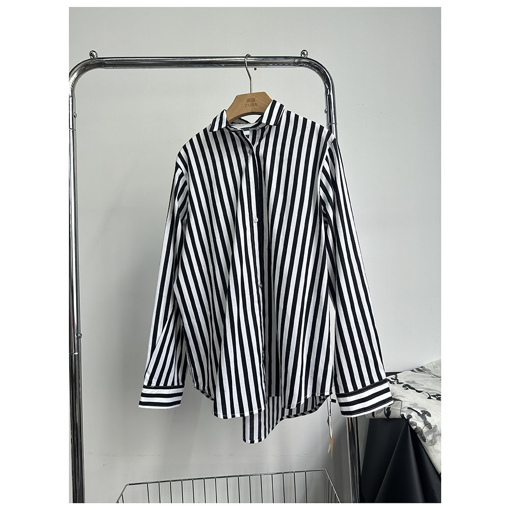 C149 秋季新款宽松条纹翻领长袖女士休闲衬衫女
