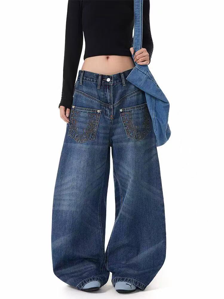 美式复古高腰弯刀牛仔裤女春季新款高街设计感宽松显瘦阔腿拖地裤