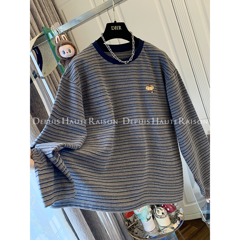 大码女装胖mm240斤刺绣南瓜条纹长袖T恤打底衫宽松内搭打底衫上衣