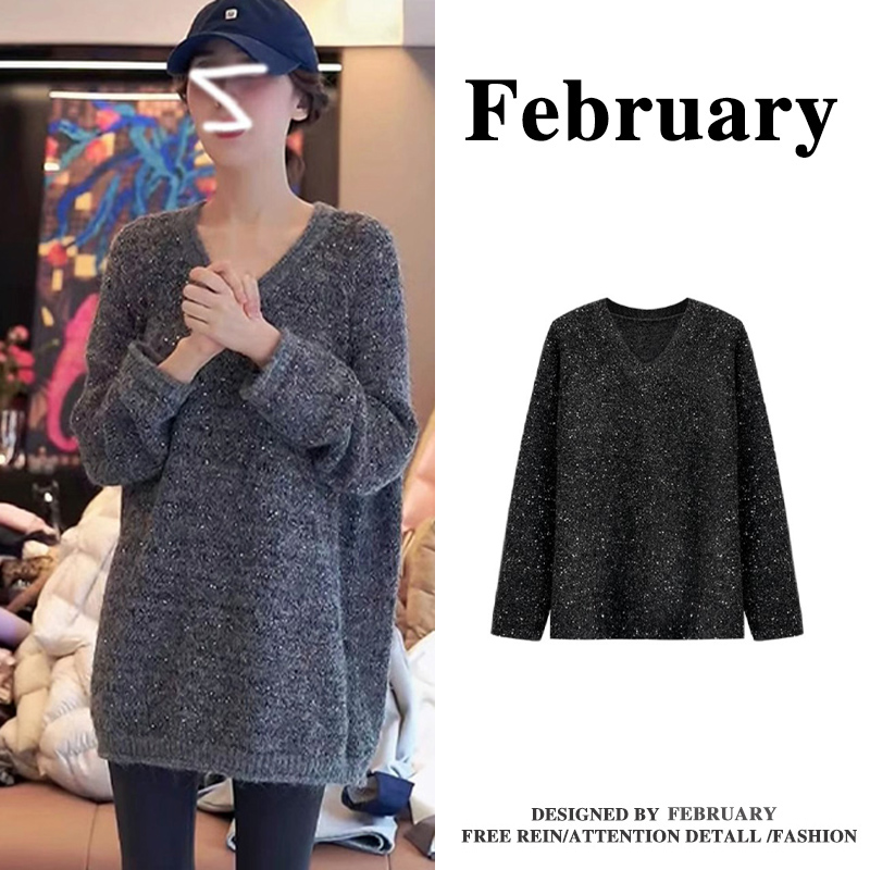 February大码秋冬季v领亮片长袖针织衫毛衣女时尚宽松上衣 -7209