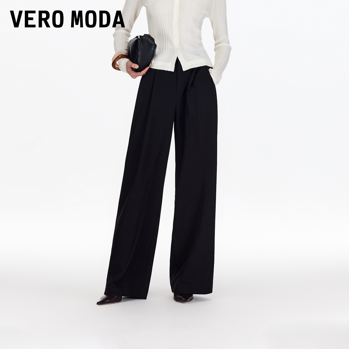 Vero Moda休闲裤2025秋季新款加宽腰袢捏褶高腰阔腿裤洋气高级感