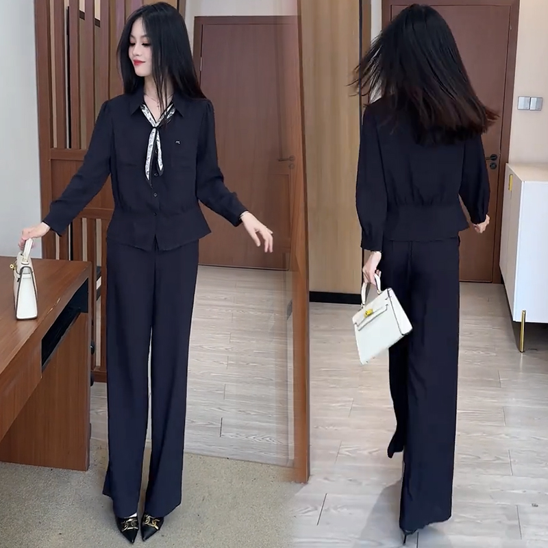 时尚套装女2025秋季新款洋气收腰显瘦长袖丝巾领衬衫阔腿裤两件套