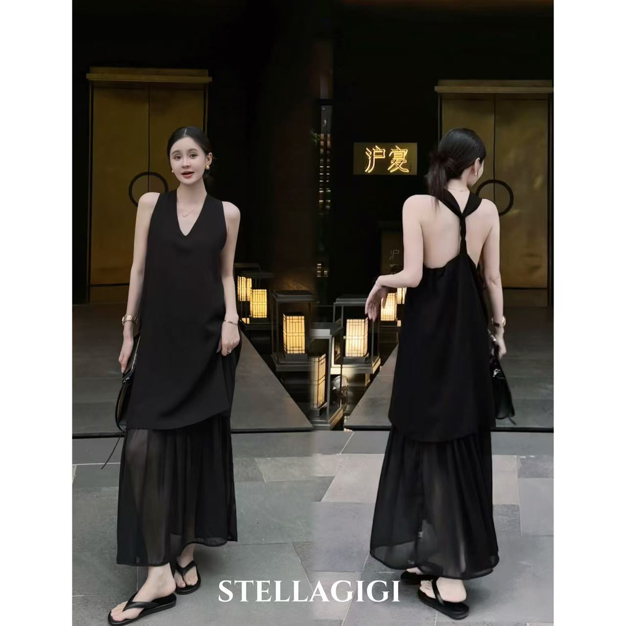 SG / 郭幂幂 SS 20%亚麻80%天丝 假两件露背扭结连衣裙Q-20250497