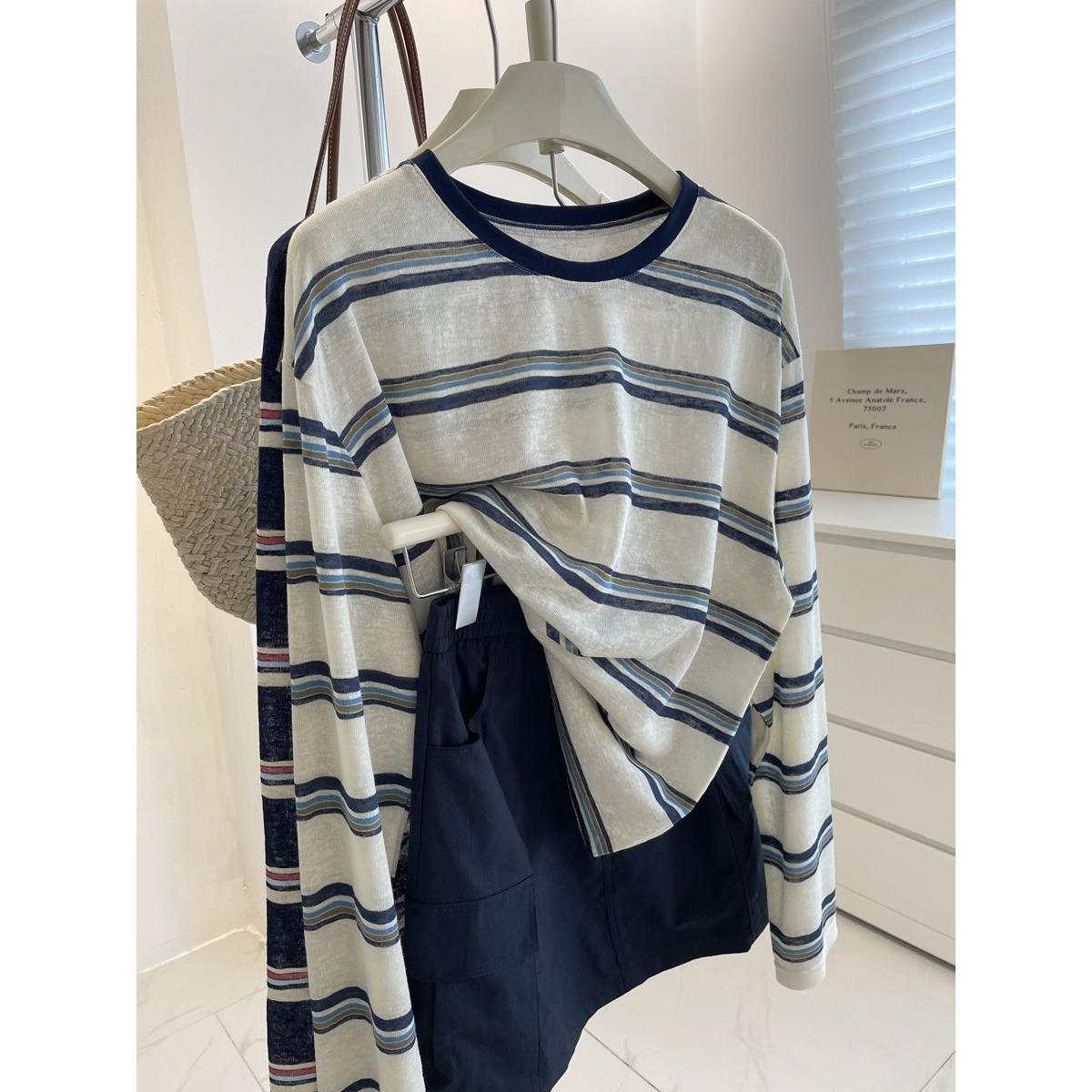 原版色织条 复古显白撞色领条纹防晒衫女垂感宽松显瘦休闲长袖t恤