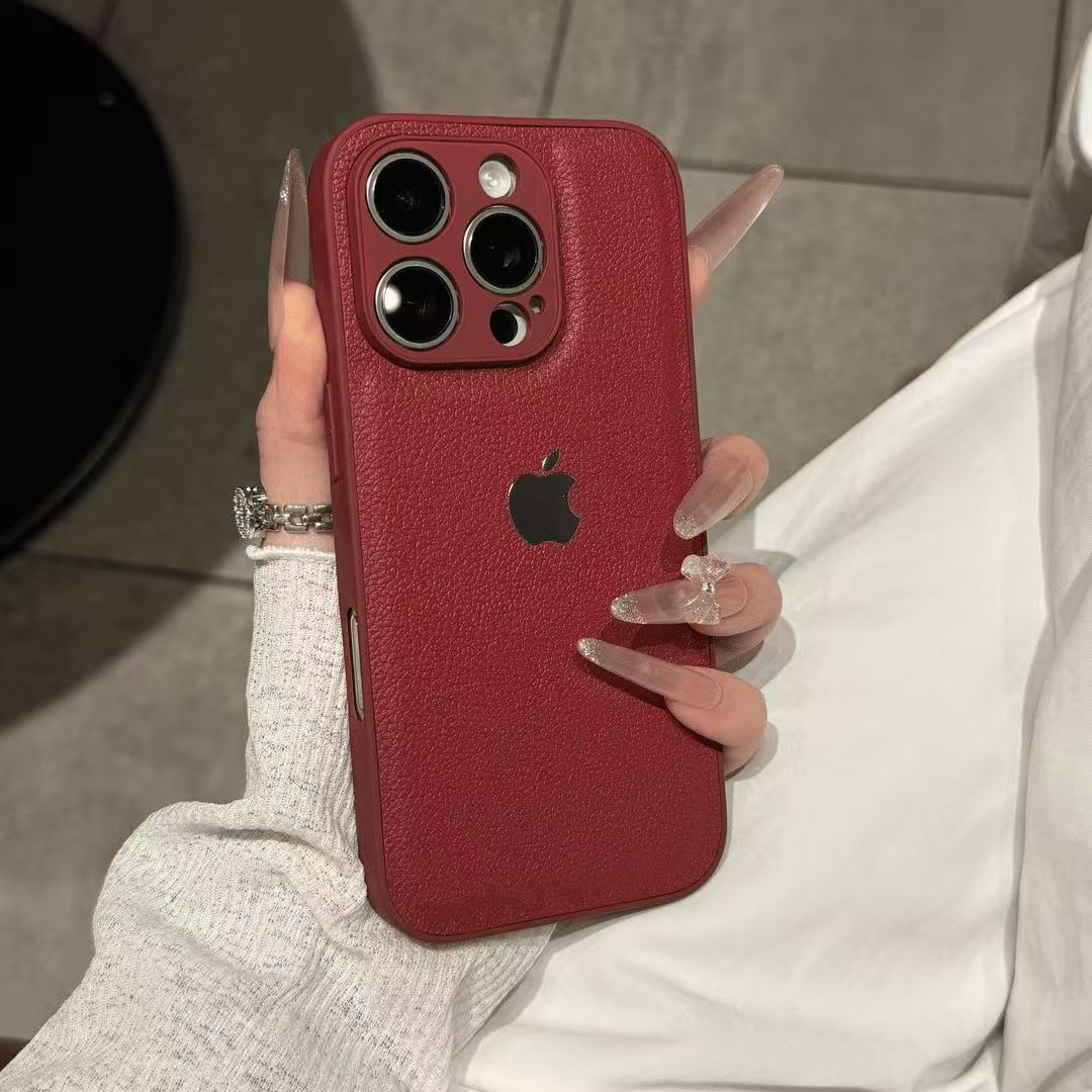 高颜值荔枝皮纹适用苹果17promax手机壳iPhone16安可拉红15/14/13