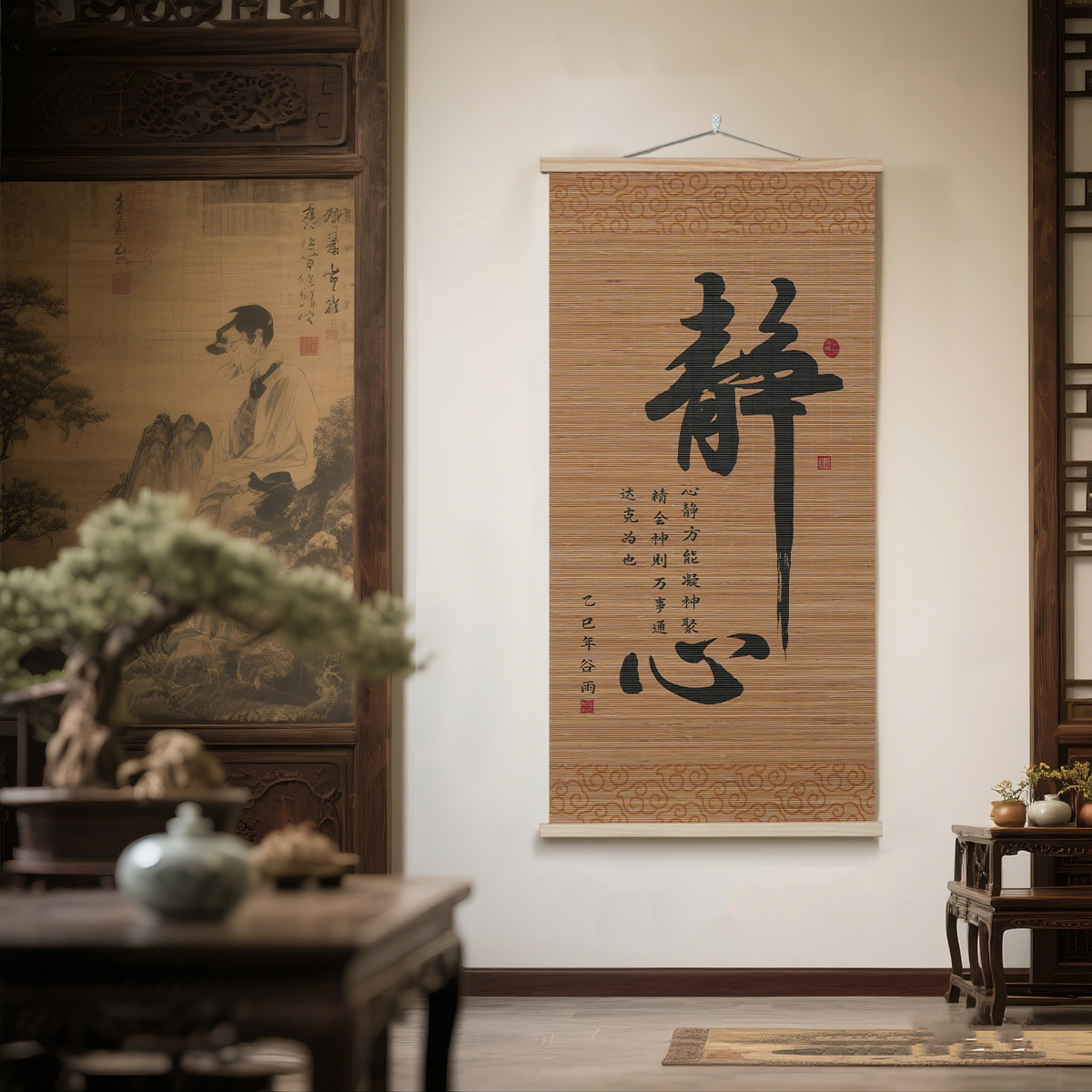 励志书法装饰画国风名言字画书房茶室竹编挂画玄关走廊房间竹帘画