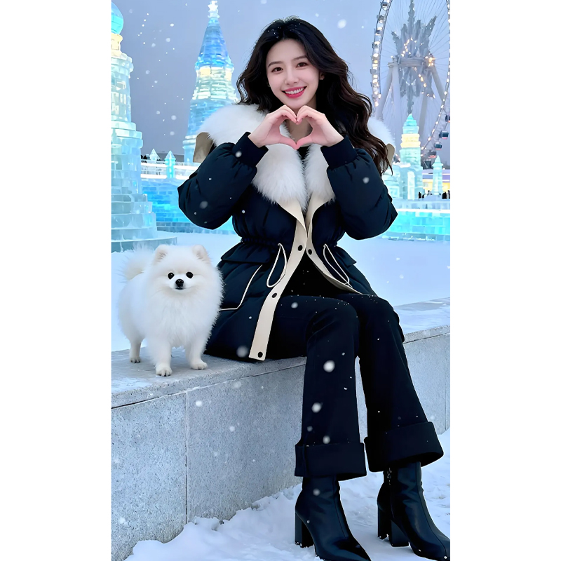 小个子时髦洋气高级炸街棉服女冬季加厚保暖毛领撞色收腰显瘦外套