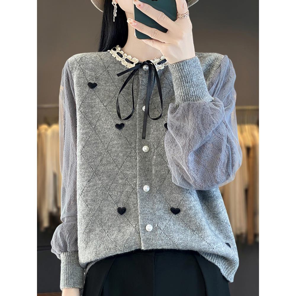 皮尔卡丹胖mm春秋大码毛衣女2025新款洋气内搭针织打底羊毛衫蕾丝