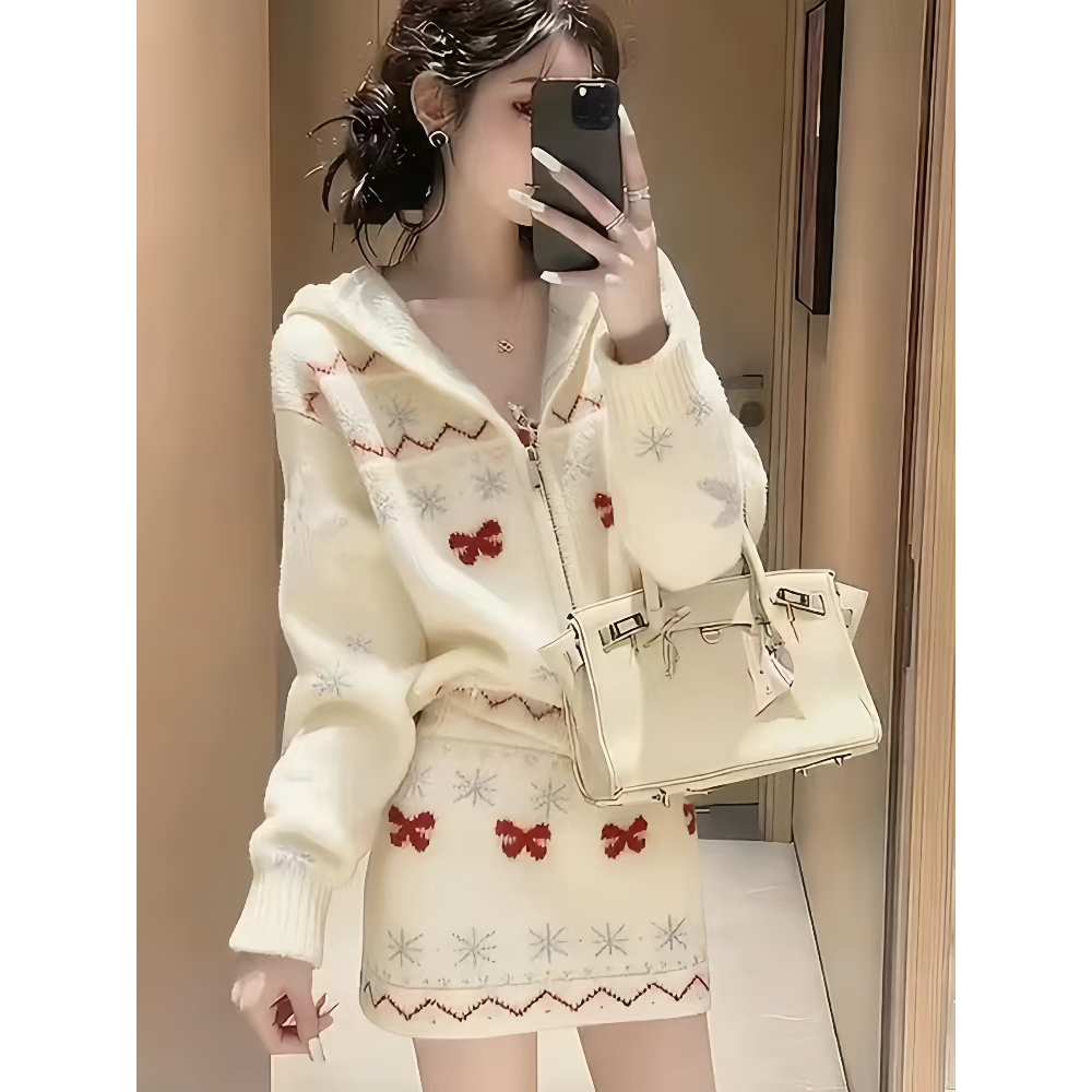 费尔岛穿搭氛围感提花针织衫毛衣外套女秋冬2025新款半身裙两件套