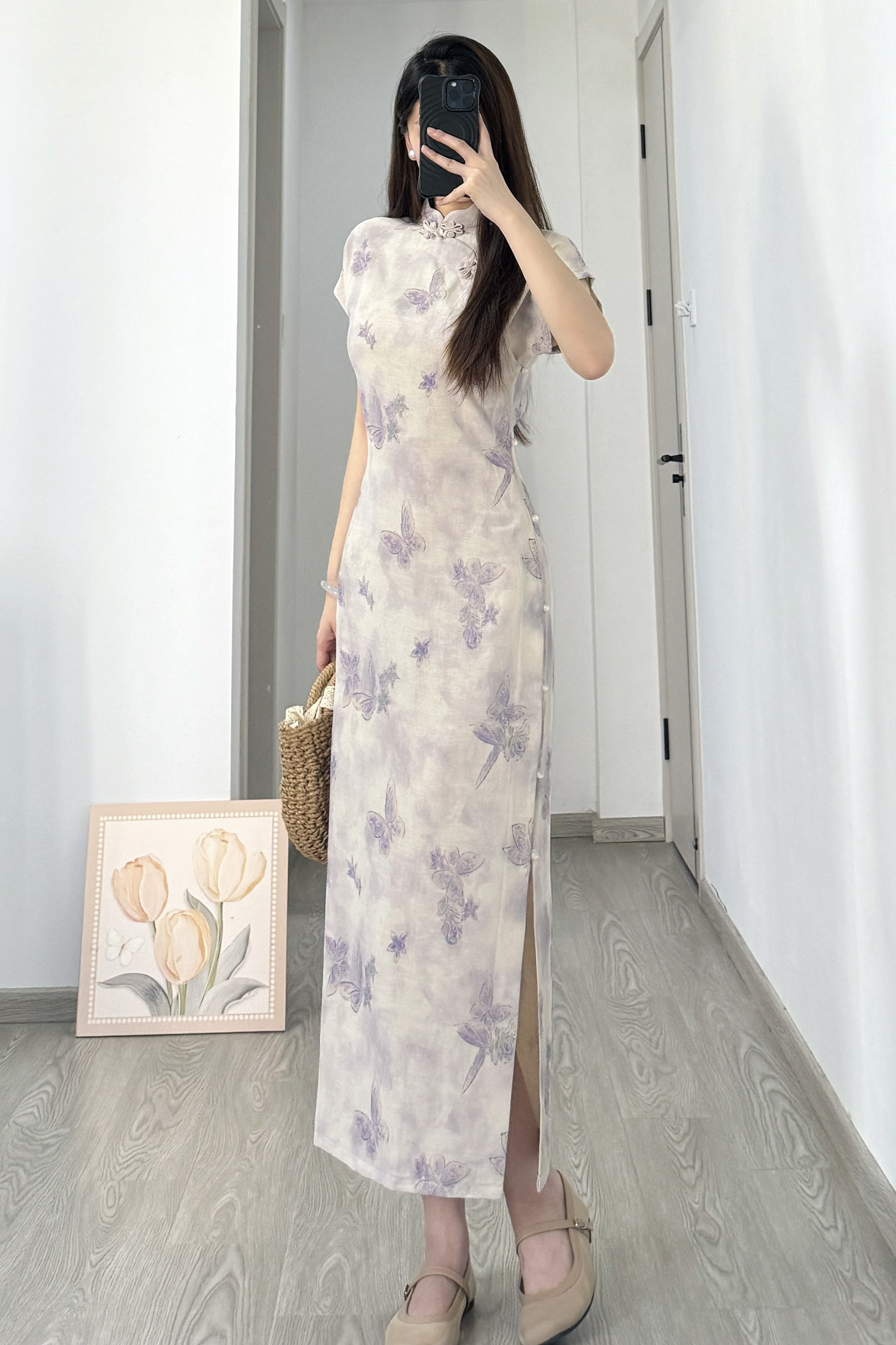 [倚蝶]苏禾旗袍春夏新款单层古法全开襟长度约125