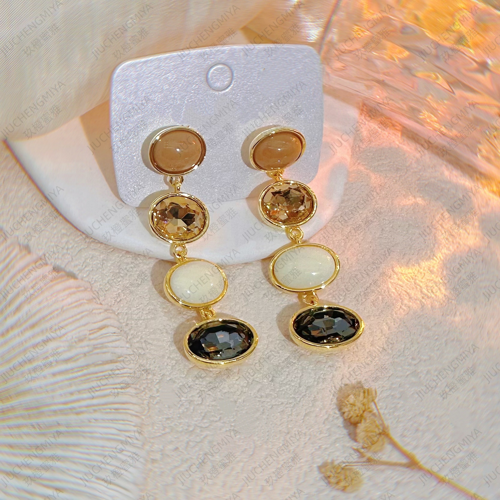 铜合金合成锆石耳饰 月栖S879 气质日韩几何拼色复古轻奢流苏耳环