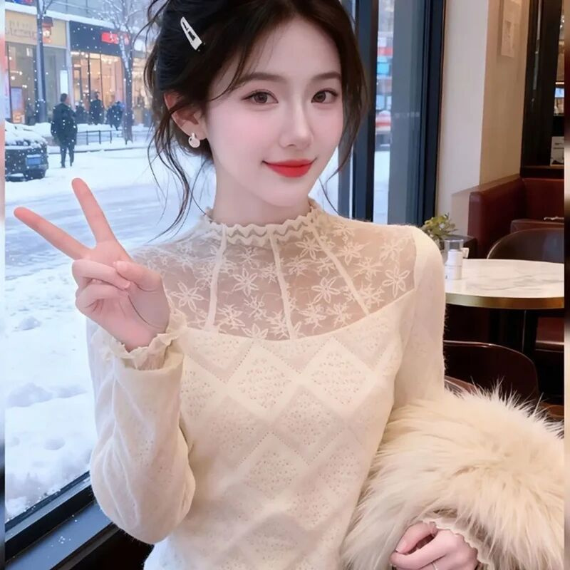 法式蕾丝拼接半高领长袖打底衫秋冬新款修身显瘦洋气百搭内搭上衣