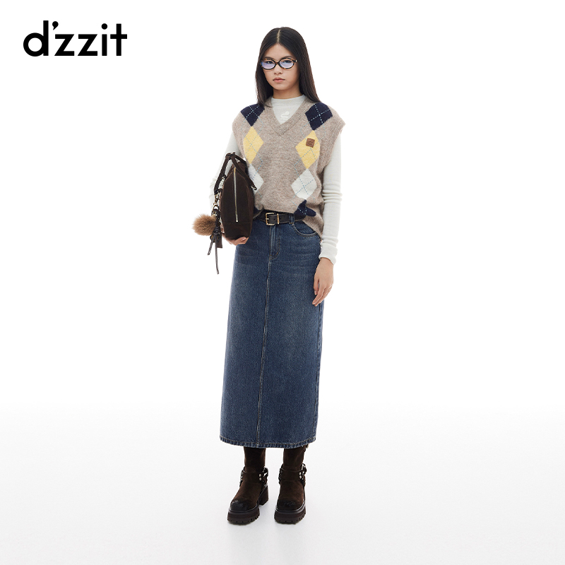 dzzit地素背心针织衫复古学院风羊毛混纺菱格外搭上衣女3I4E211