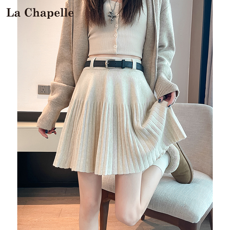 拉夏贝尔软糯百褶裙半身裙女秋冬新款气质高腰百搭针织A字短裙子