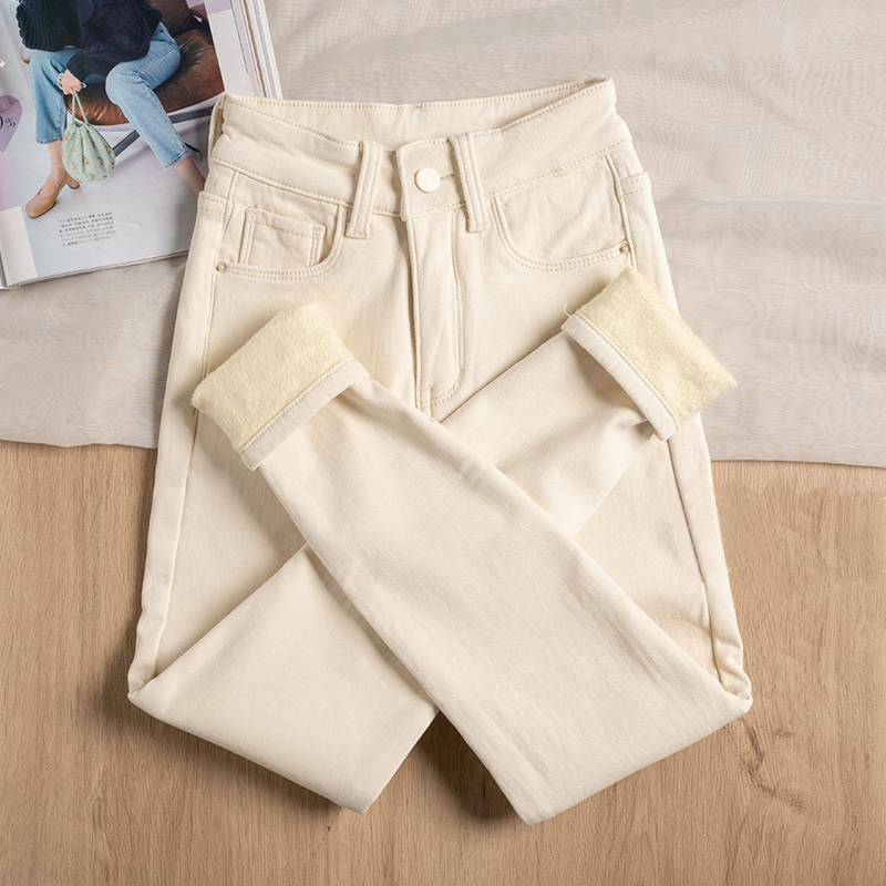 米白色牛仔裤2025秋冬季新款百搭高弹修身小脚紧身加绒加厚铅笔裤