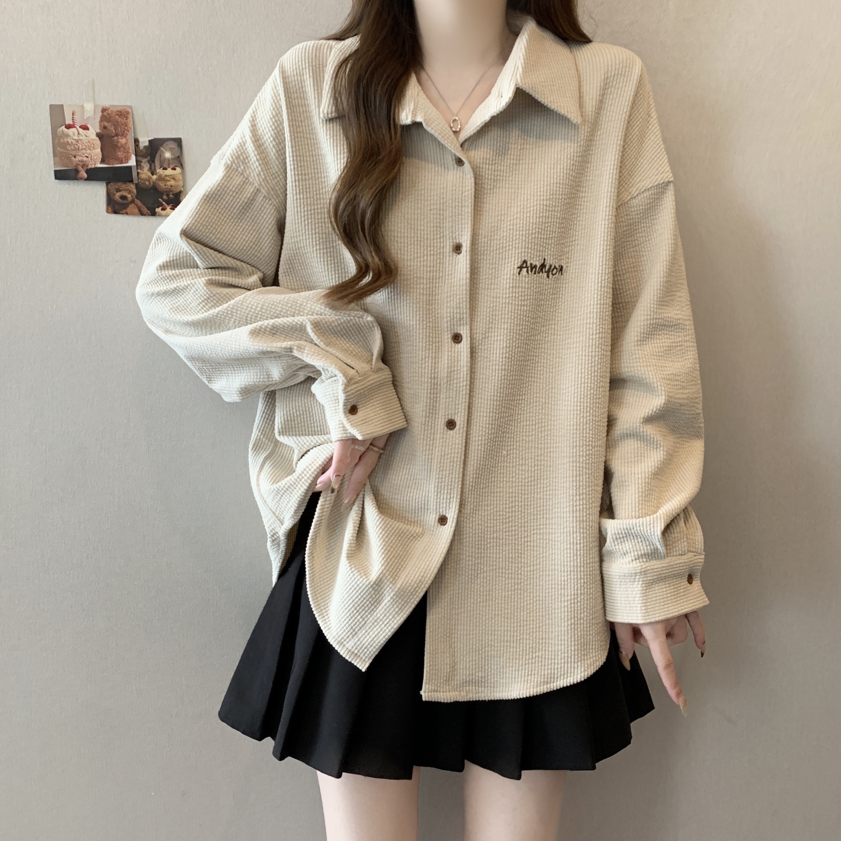 大码女装遮肚子灯芯绒长袖衬衫女春秋胖mm宽松显瘦正肩POLO领上衣