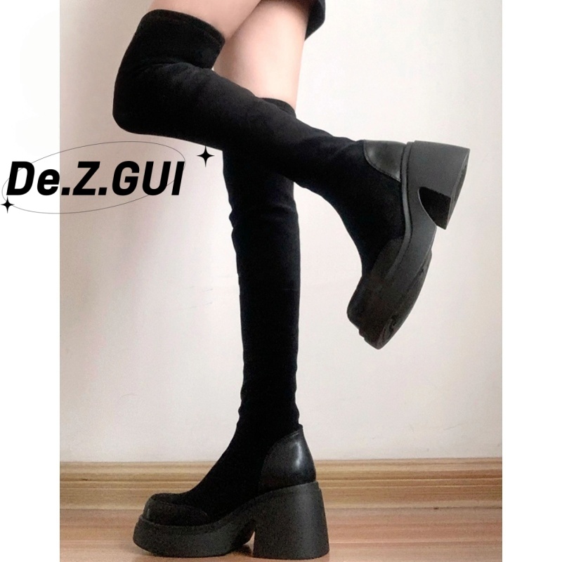 厚底7CM绒面时尚弹力瘦瘦靴女2025秋冬新款黑色时尚过膝长筒袜靴