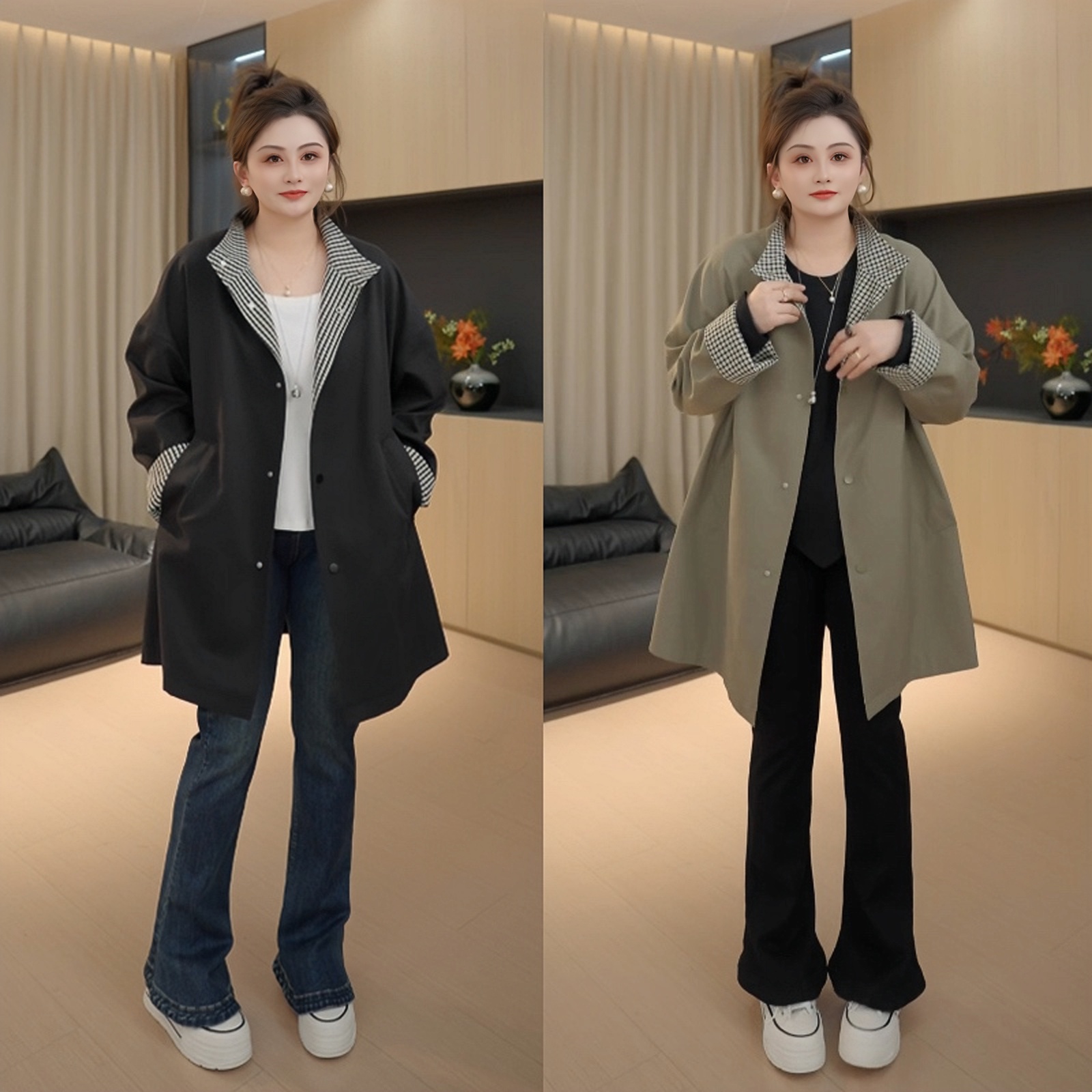 【胖佳佳】现货~老钱派 撞色格纹风衣外套秋季气质百搭H625Z14890