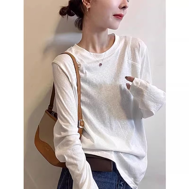 长袖T恤女2025秋季新款韩版时尚极简风拼接设计洋气百搭打底上衣