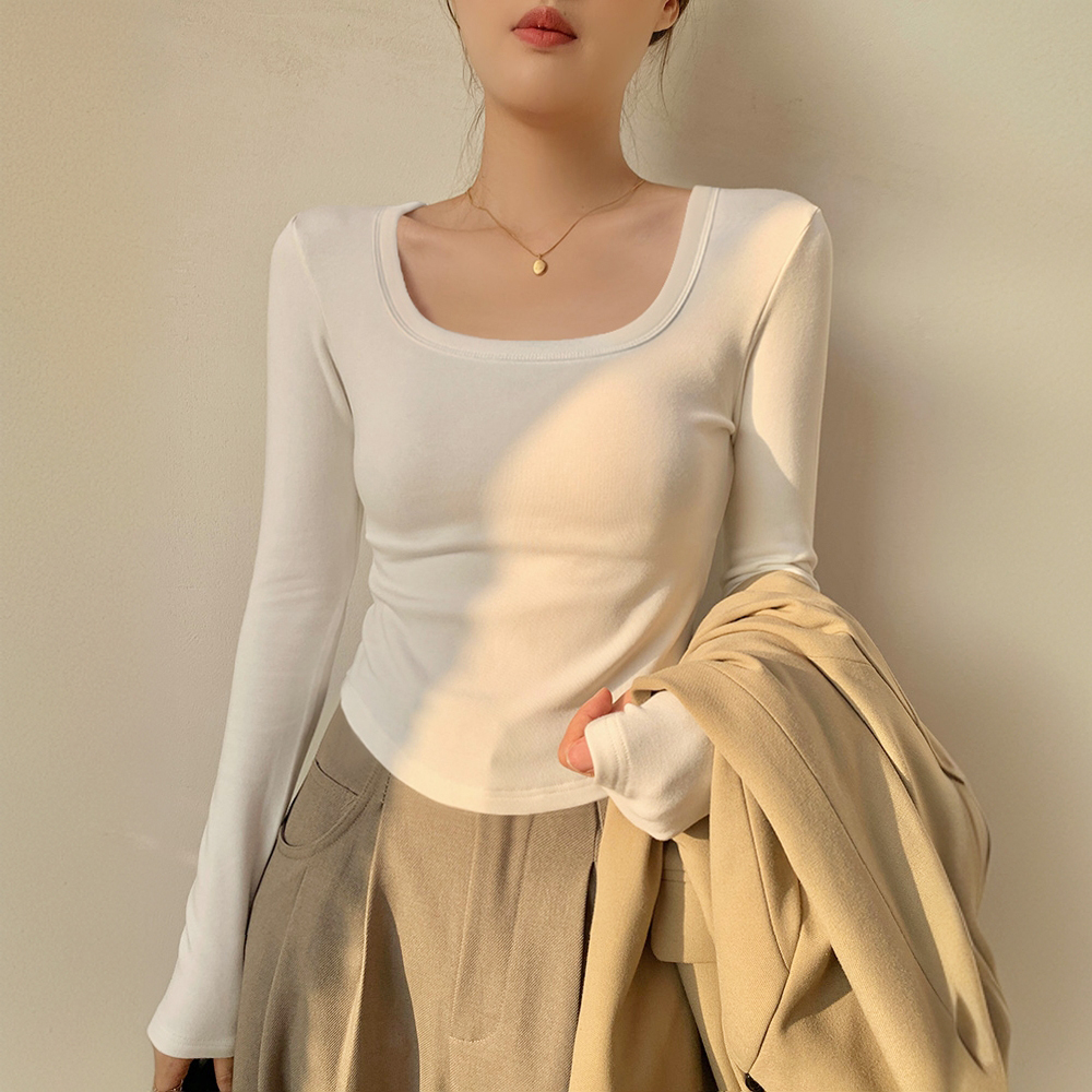 白色方领长袖t恤女2025春秋内搭短款打底衫可外穿U领弹力小衫上衣