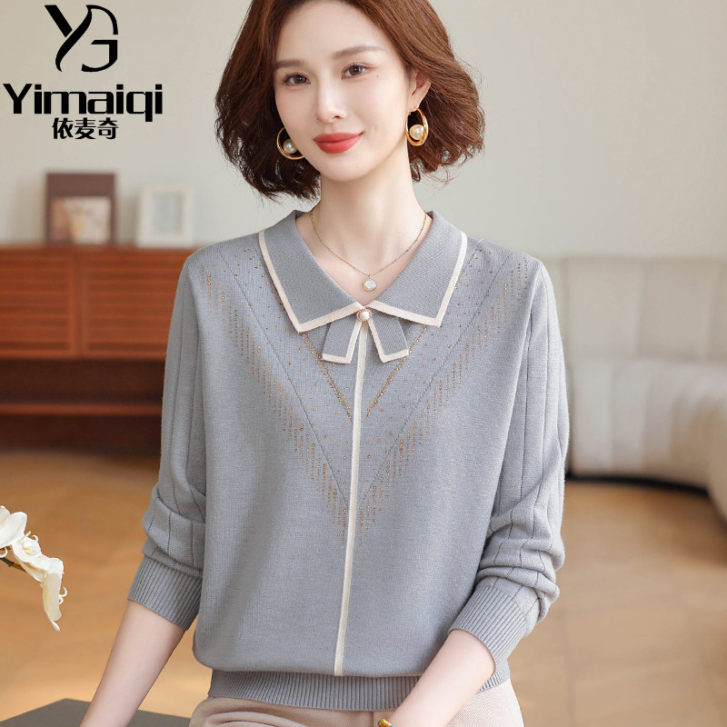 秋季新款妈妈装气质翻领针织衫长袖打底衫中老年女装春秋百搭上衣