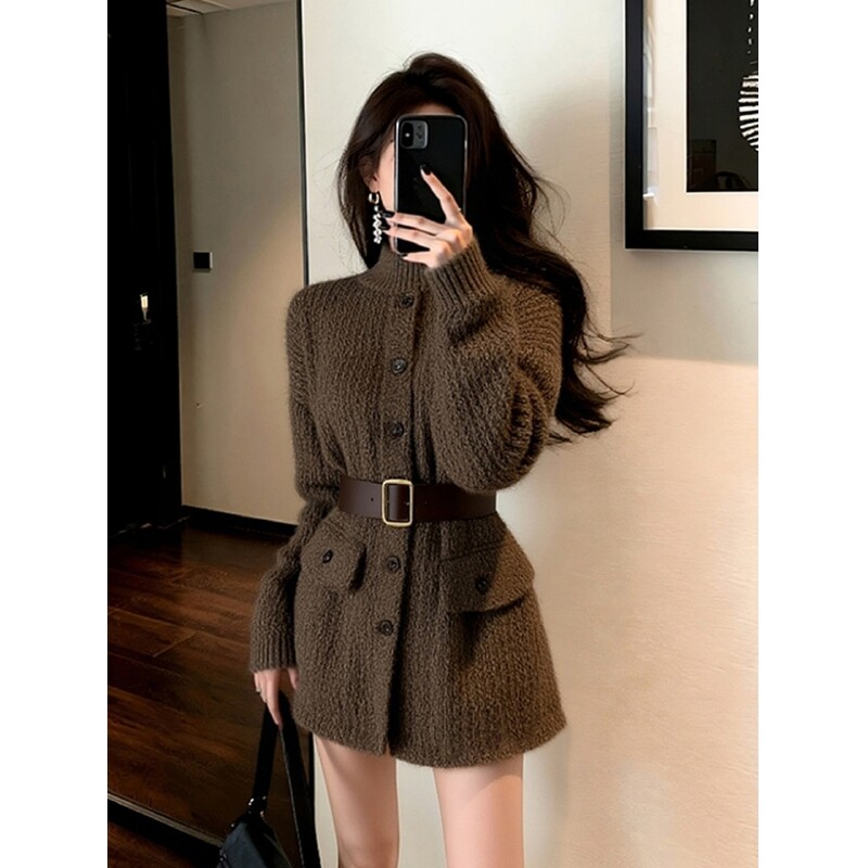 韩系冬季氛围感针织衫上衣奶fufu软糯慵懒风气质温柔咖色开衫毛衣