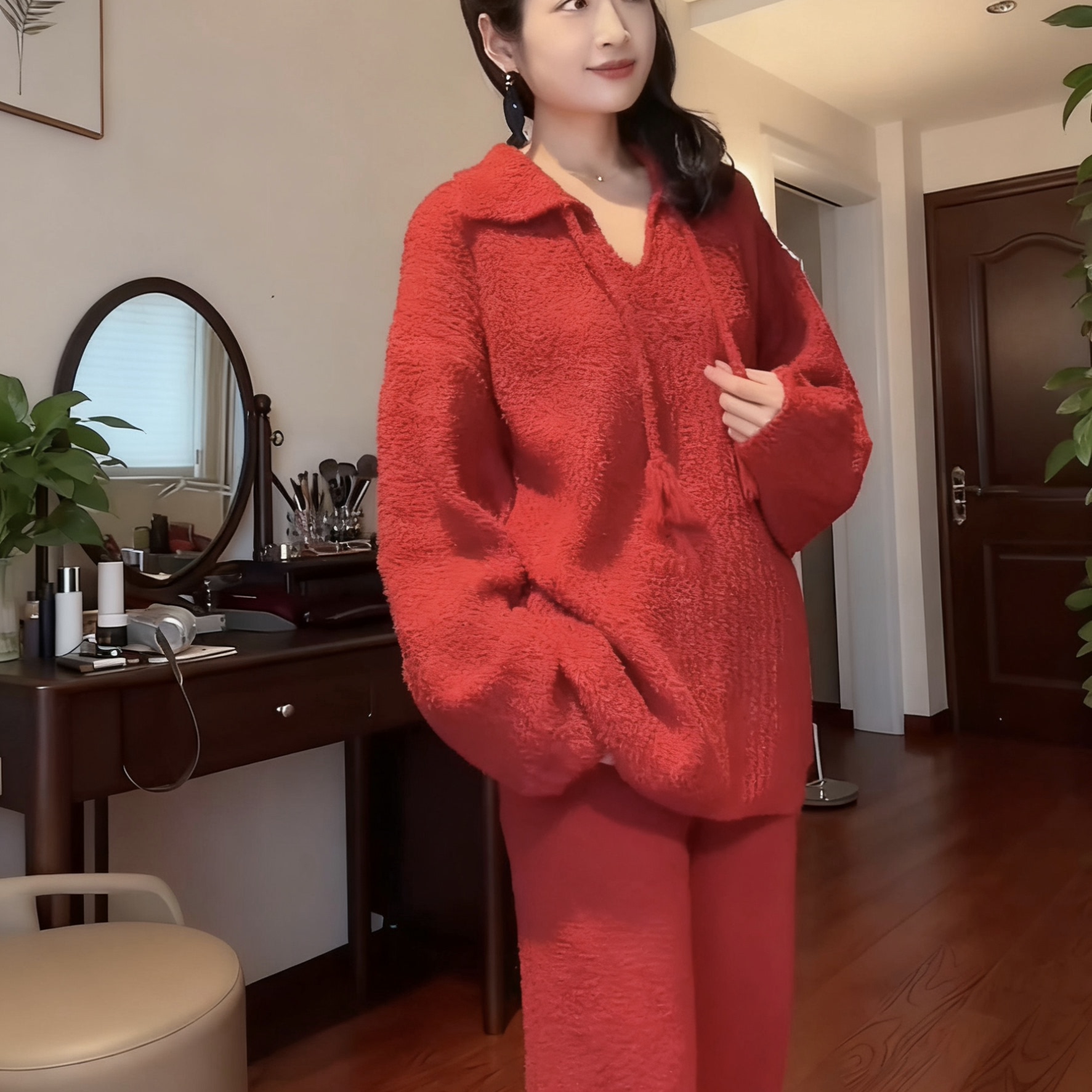 半边绒睡衣女秋冬款加绒加厚保暖可外穿高级感软绵绵家居服套装