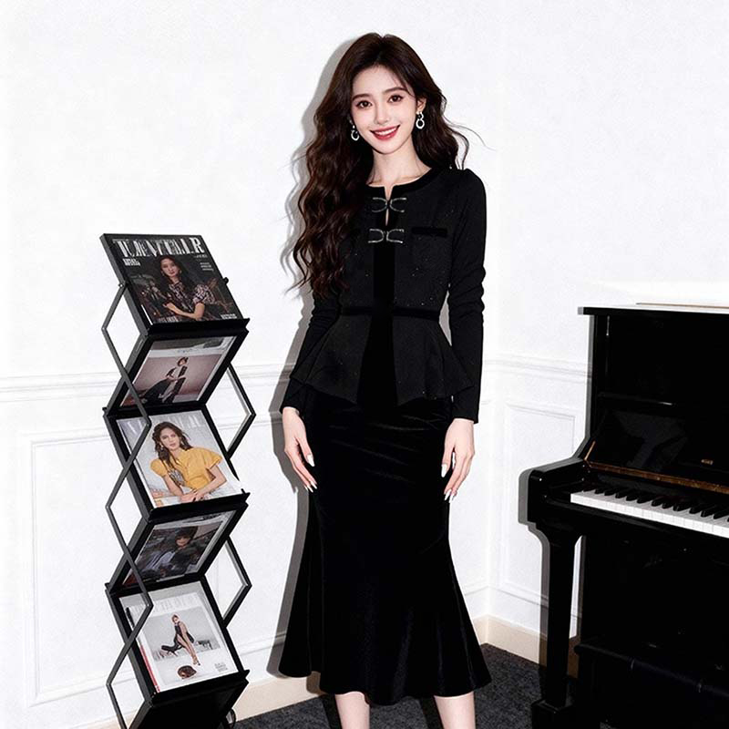 冬季巨好看的黑色蝴蝶结连衣裙法式气质高级感连衣裙D4518