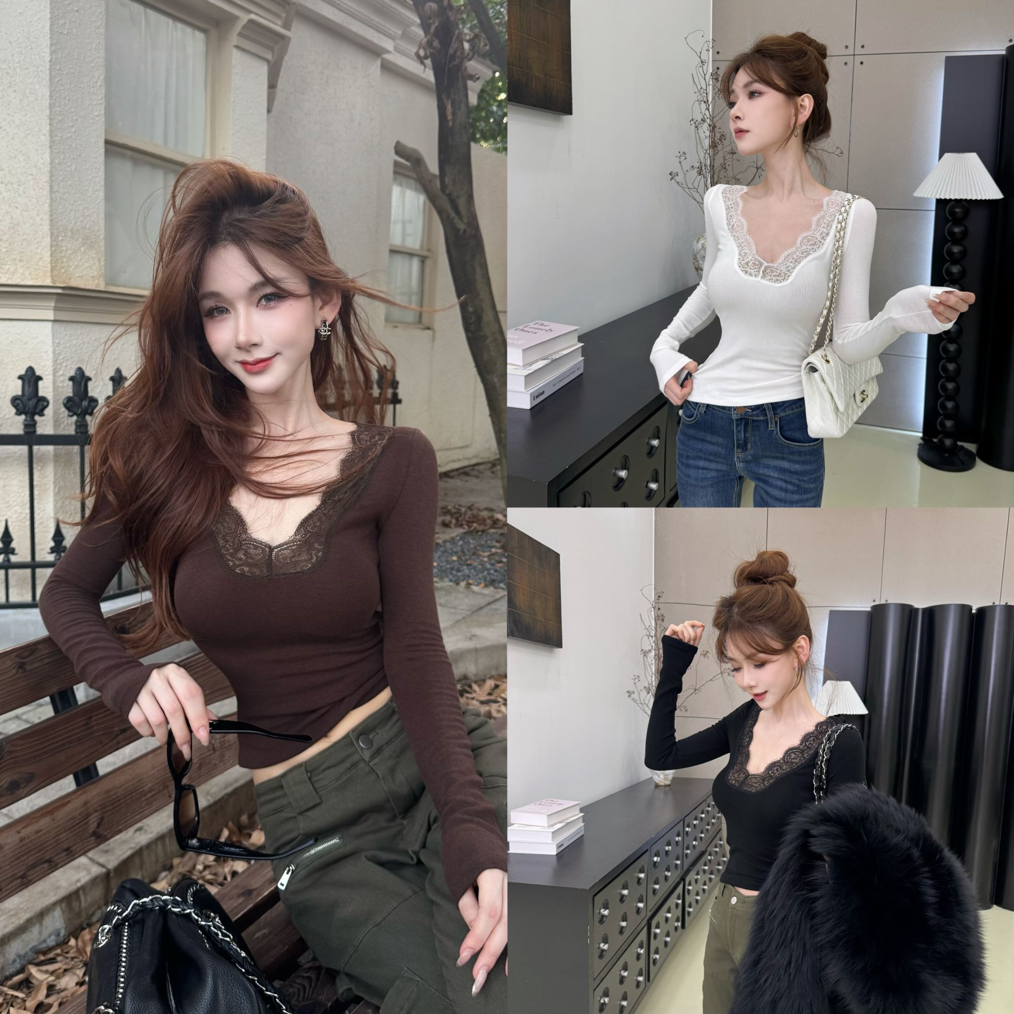 {蕾丝与温柔} 胸大腰细！蕾丝领弹力V领秋冬上衣打底衫内搭百搭
