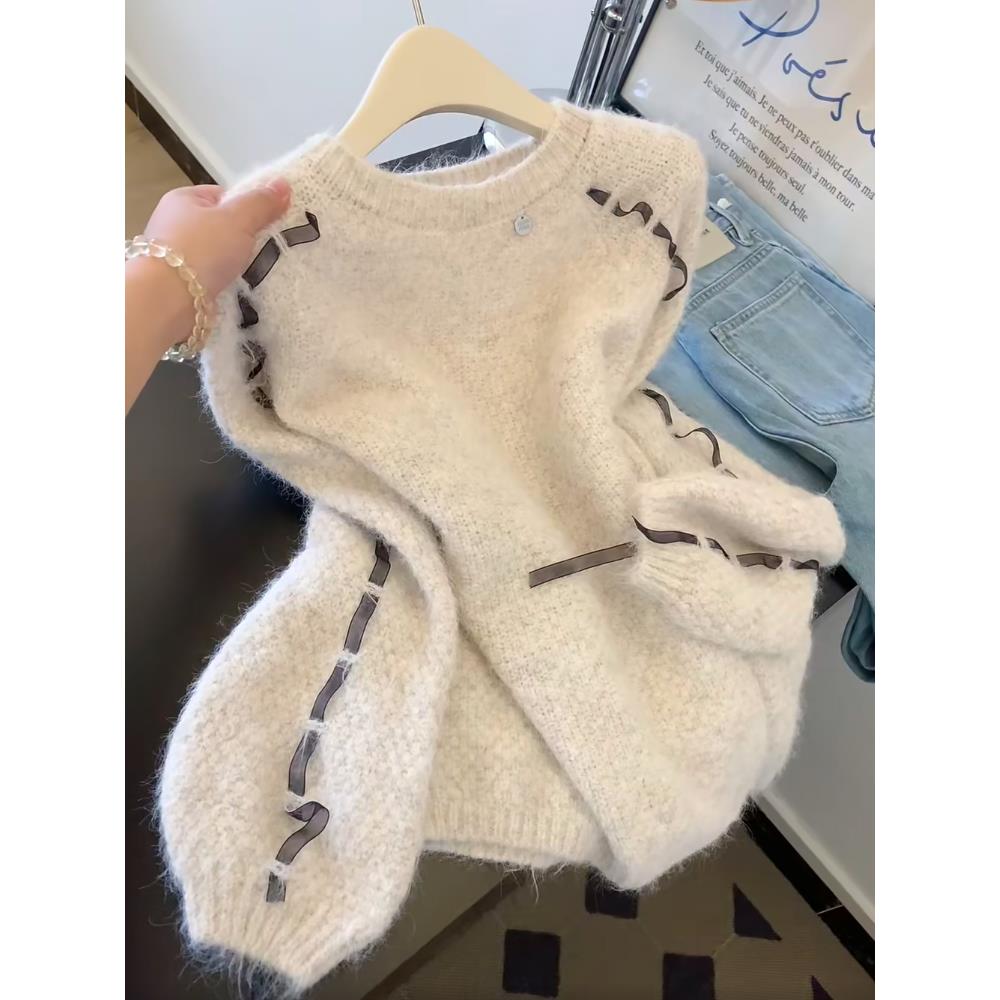 自留款推荐~慵懒风系带圆领长袖针织衫女秋冬新款松弛感软糯毛衣