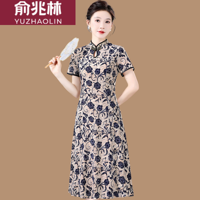 俞兆林中老年女装夏季短袖连衣裙2025新款复古妈妈装国风中年改良