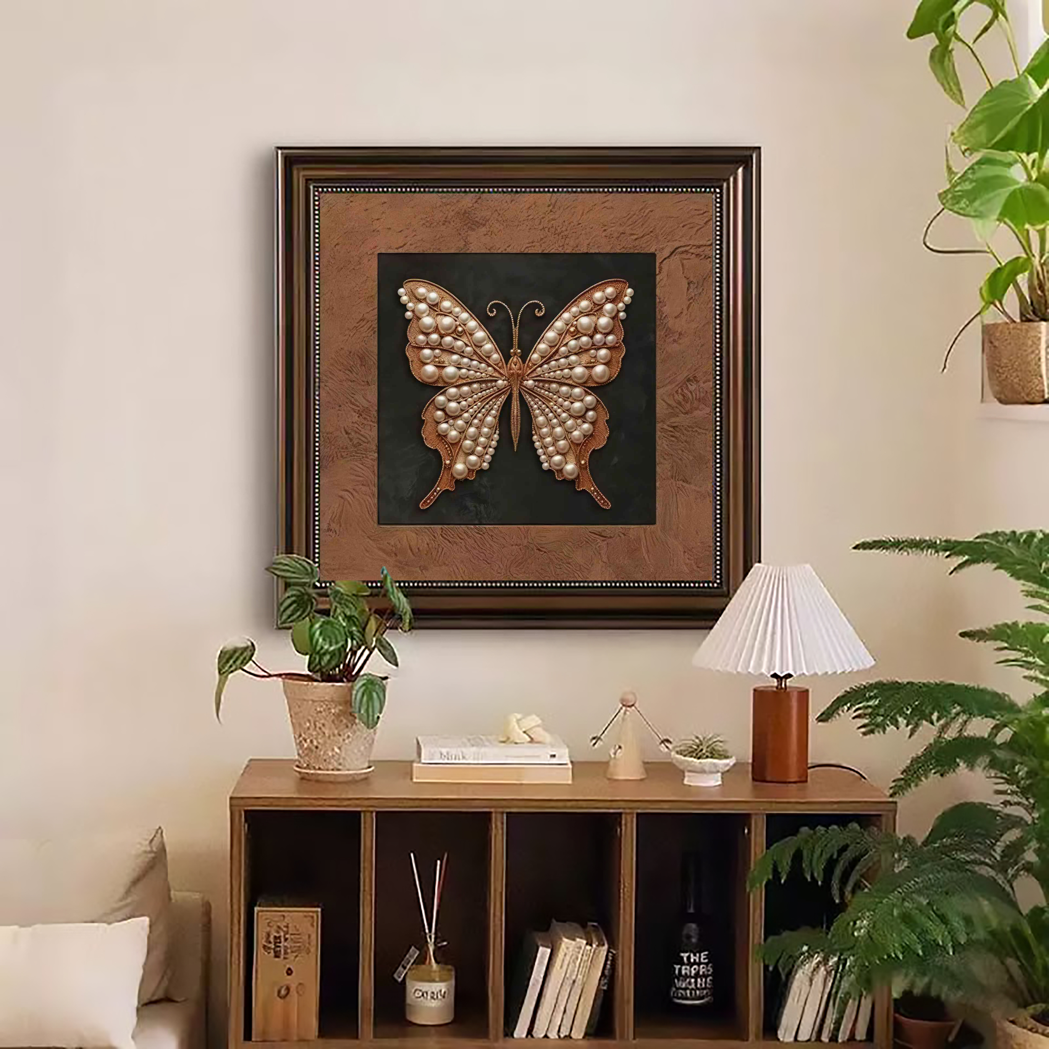 法式中古风蝴蝶珍珠装饰画餐厅客厅卧室床头挂画砂岩