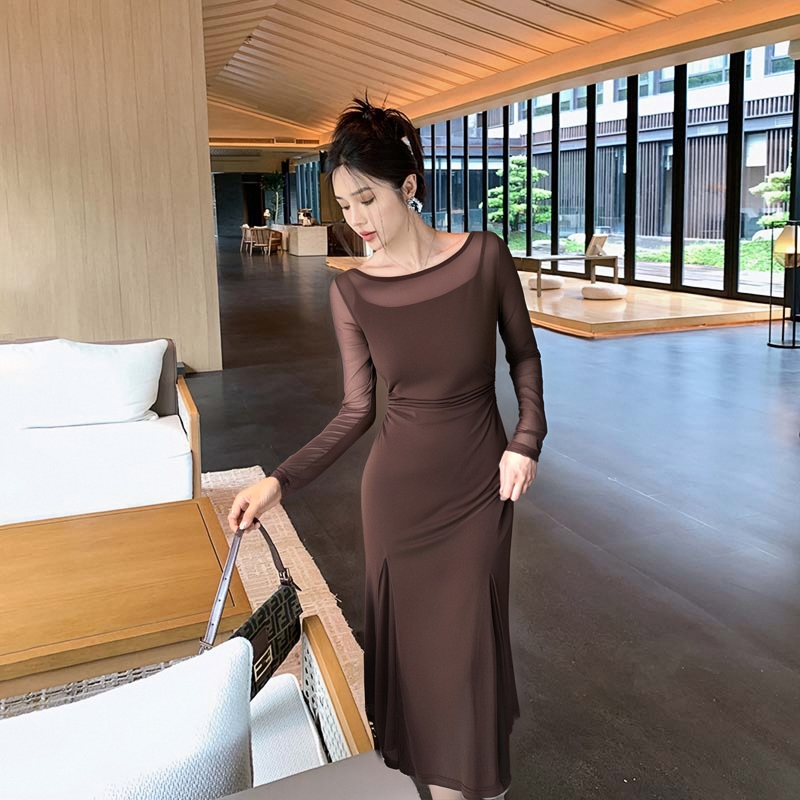【两件套】网纱气质修身显瘦吊带连衣裙女长袖包臀长款长裙DM0010