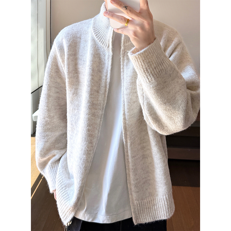 美式复古立领男女款针织开衫秋季慵懒风拉链毛衣外套高级感情侣装