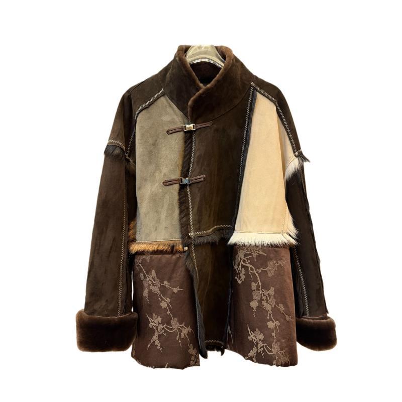 飞儿【寒梅踏雪】2025冬款拼接真毛休闲百搭麂皮绒外套