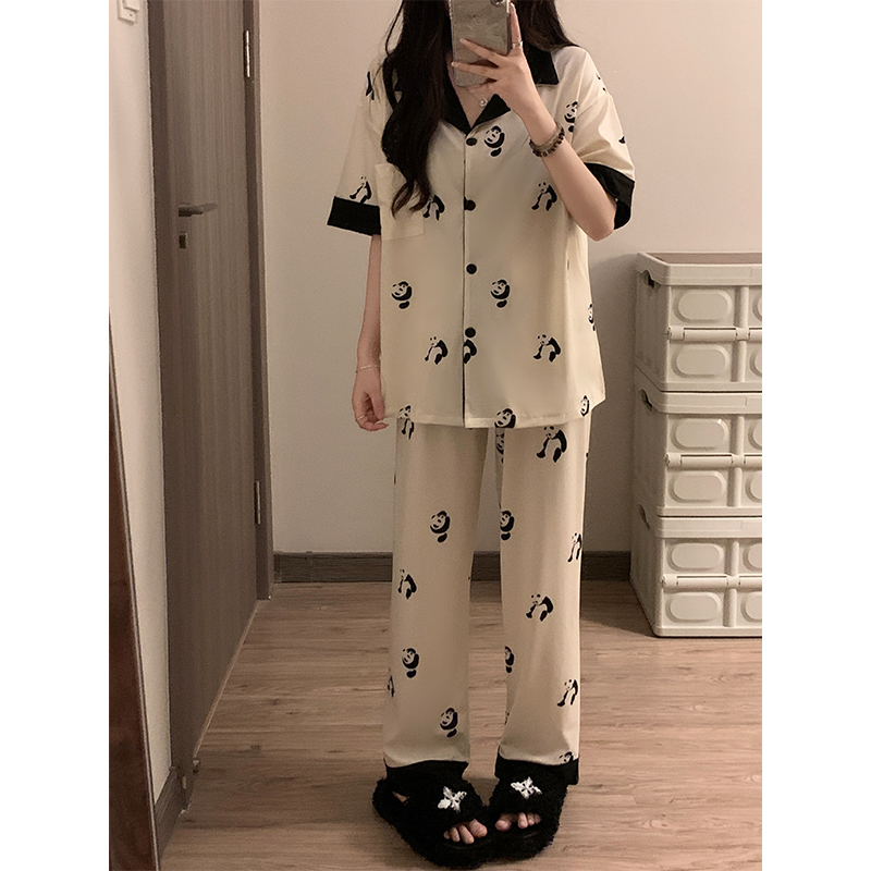 睡衣女夏短袖翻领长裤开衫纽扣女士韩版家居服两件套休闲夏季薄款