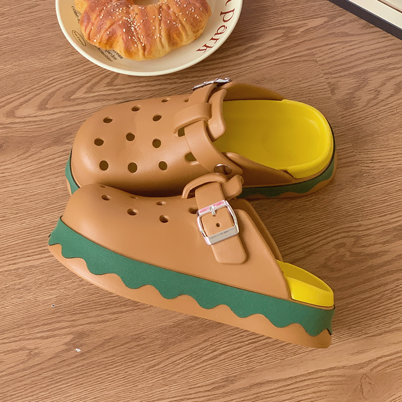 踩屎感厚底增高汉堡勃肯鞋洞洞鞋女夏外穿防滑包头沙滩半拖鞋秋千