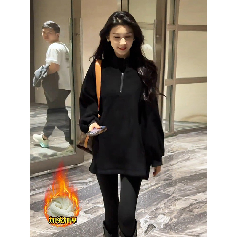 拉夏贝尔小个子卫衣女2025秋季新款时尚中长款宽松显瘦打底衫上衣