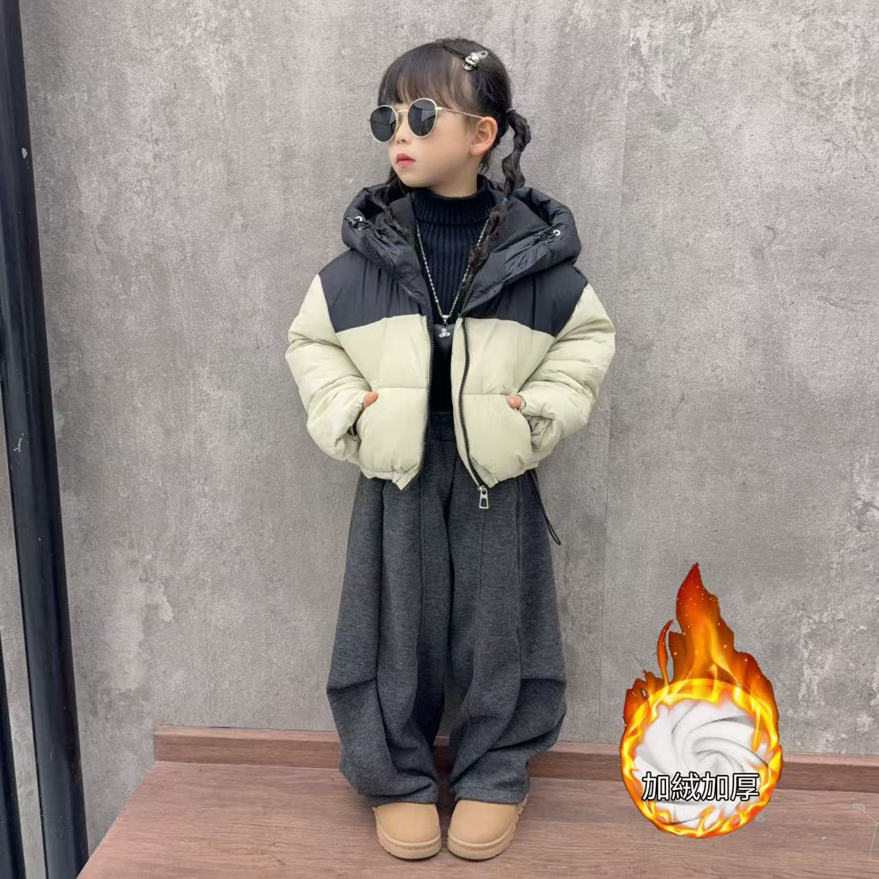 女童冬季新款拼色棉服短款休闲大童洋气连帽儿童加厚阔腿裤套装
