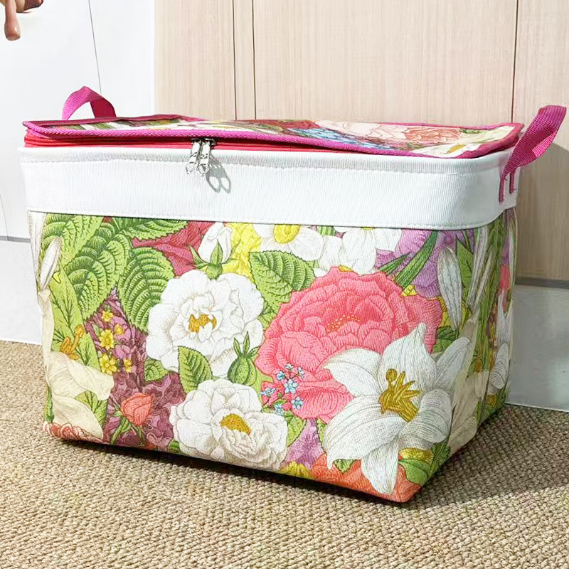 【双拉链带钢圈带盖】牡丹家用收纳箱印花可折叠衣物杂物被子储物箱