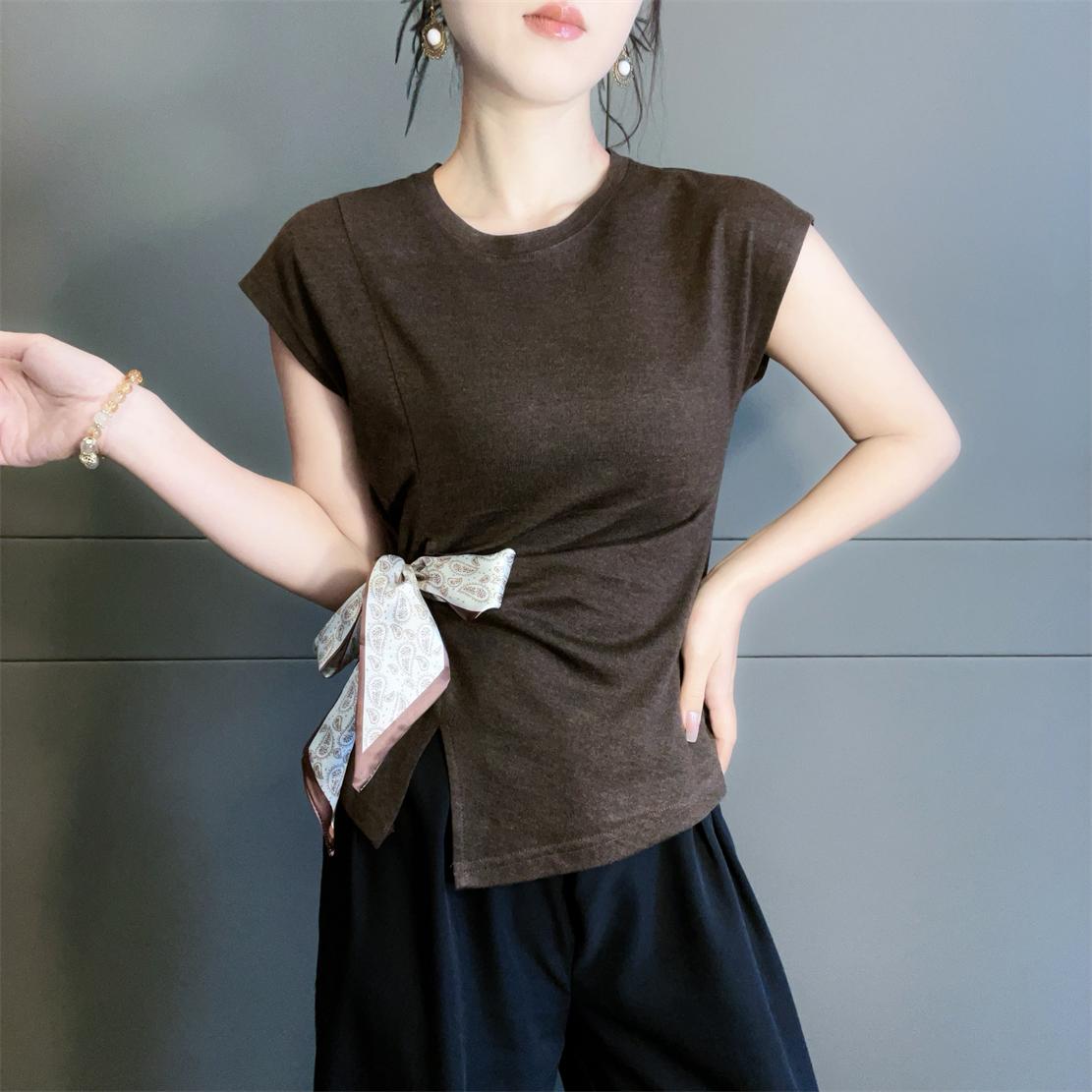 【现货】2025夏季新款 不规则下播褶皱短袖T恤女时尚百搭上衣5516#