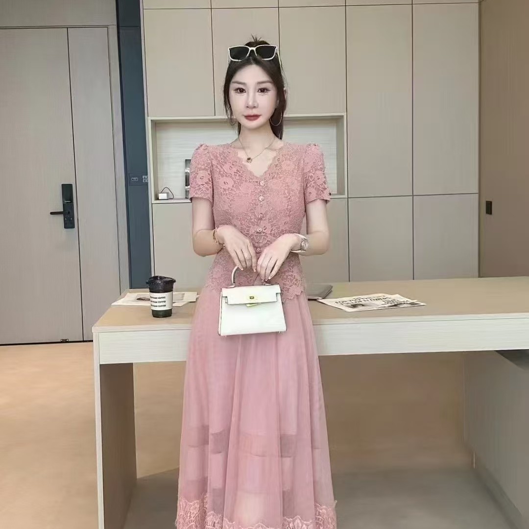 时尚减龄气质中长蕾丝假两件设计连衣裙