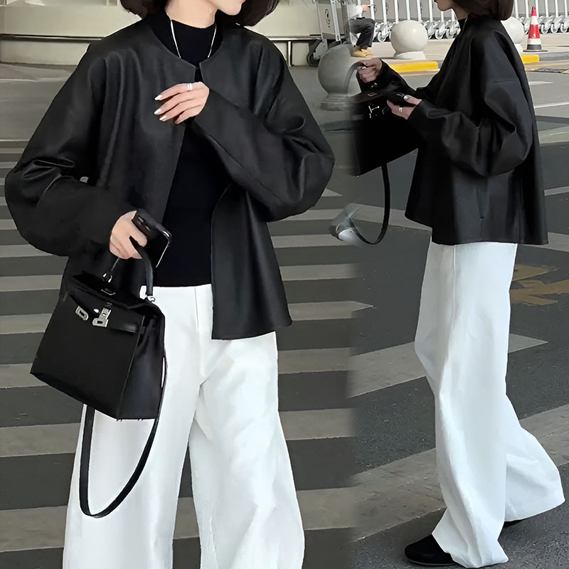 2025年春秋新款高级感黑色复古外套女宽松休闲阔腿裤气质两件套潮