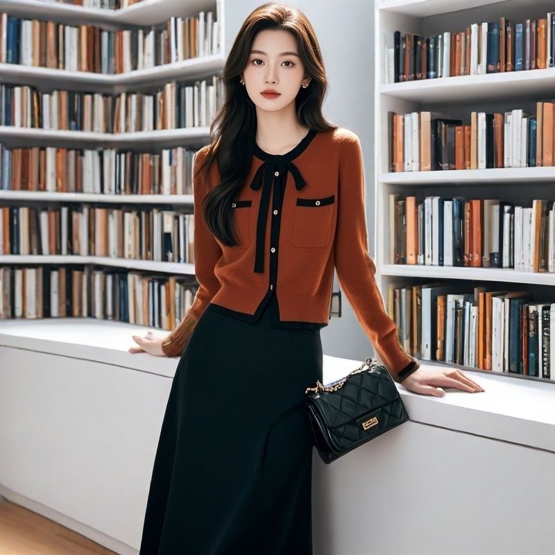 [工厂直销套装]秋冬小香风撞色针织开衫垂感遮肉半身裙X150+Q179