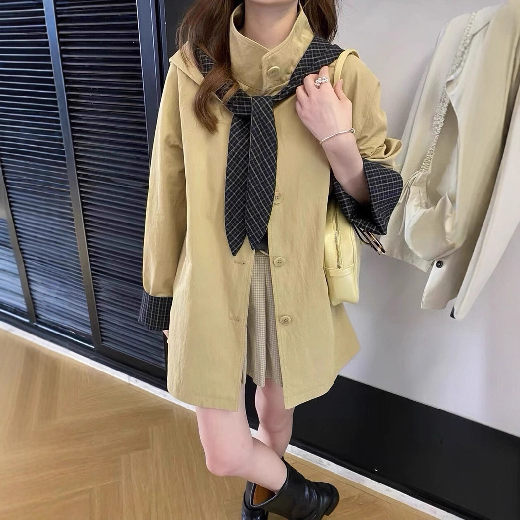老钱风韩版高端撞色立领风衣外套女2025新款春秋新款森系减龄中长