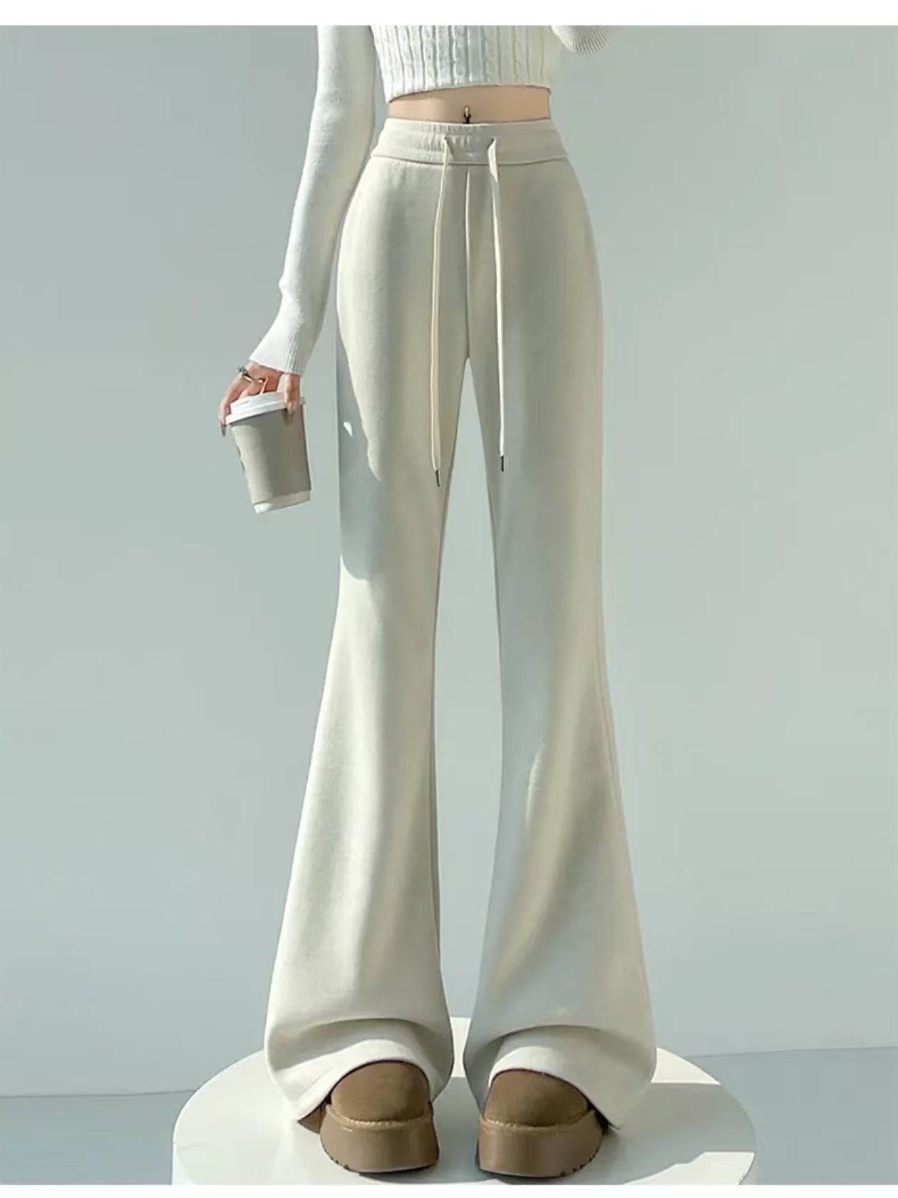 醋酸羊绒毛呢微喇糯米裤秋冬加绒新款高腰显瘦喇叭高个子运动卫裤